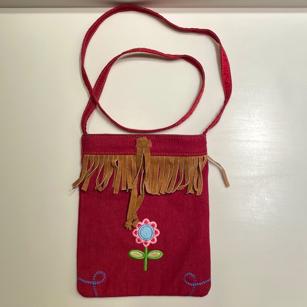 Small Red Denim w Suede Fringe & Embroidered Flower Crossbody Shoulder Bag NWOT